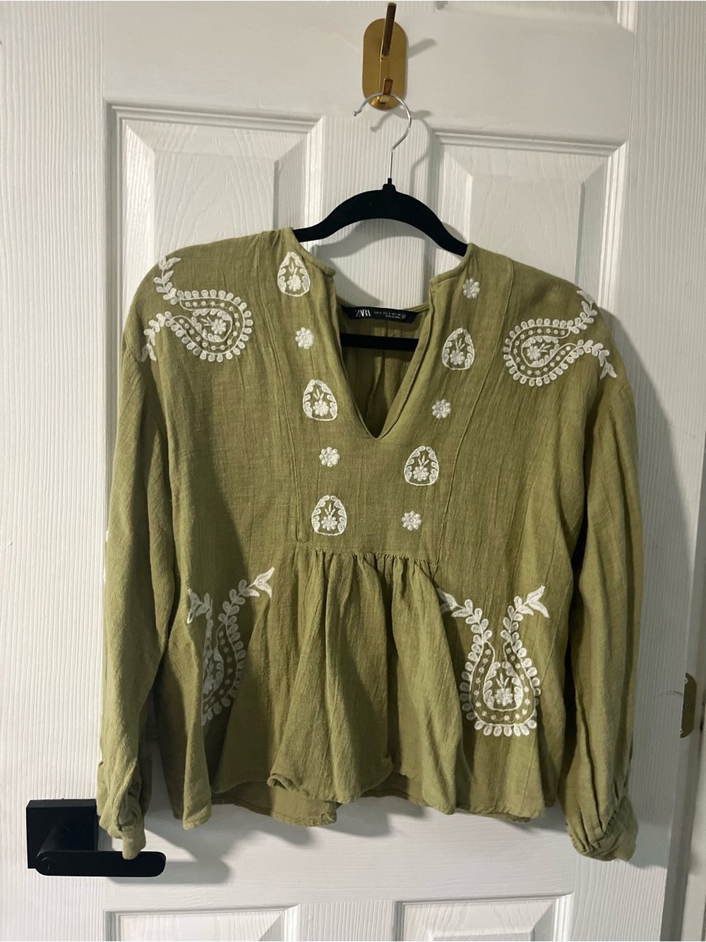 ZARA Olive Green Embroidered Paisley Peplum Blouse - Small Boho Top Linen Blend